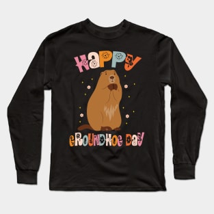 Groovy Happy Groundhog Day 2024 Cute Ground Hog Funny Holiday Long Sleeve T-Shirt